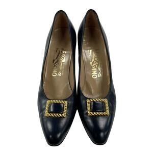 Salvatore Ferragamo Navy Gold Buckle Semi Pointed Toe Leather Pumps 5.5